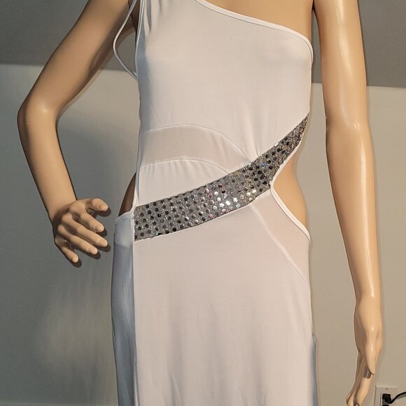 Sexy Women White Long Classy Dress Stretch Silver Seqence Club Medium SL6036-1 - Picture 2 of 9